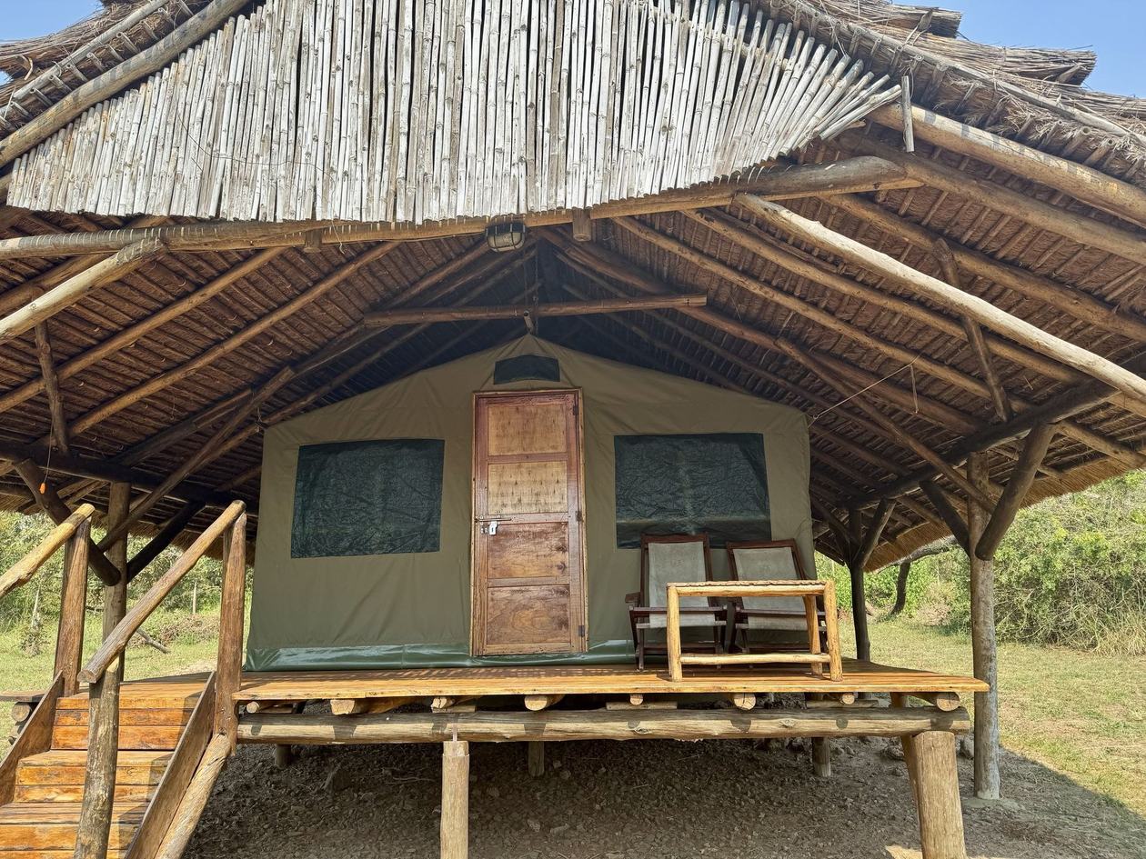 Tente de safari surélevée sous son propre toit de roseaux au Bwana Tembo Safari Camp