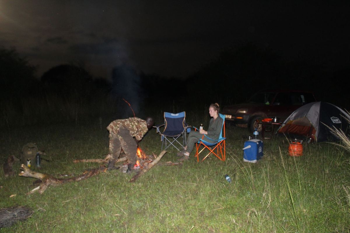 Ein Lagerfeuer, Campingstühle und ein kleines Zelt auf offener Grünfläche nachts, ein Ranger, der das Feuer schürt